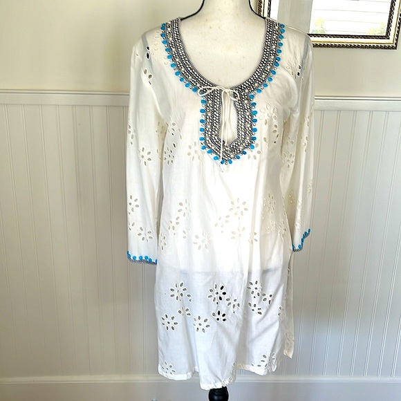 Kareena White Eyelet Coverup Multi Rows of Embellishments Beads Rhinestones Sz L - Picture 4 of 6